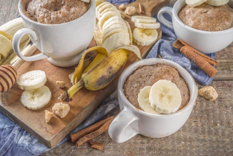 portioned,banana,bread,mugcake,in,small,mugs.,easy,sweet,baking