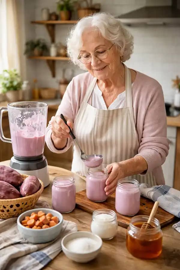 💕Iogurte caseiro de batata-doce 2 senhora idosa preparando iogurte caseiro de batata-doce na cozinha