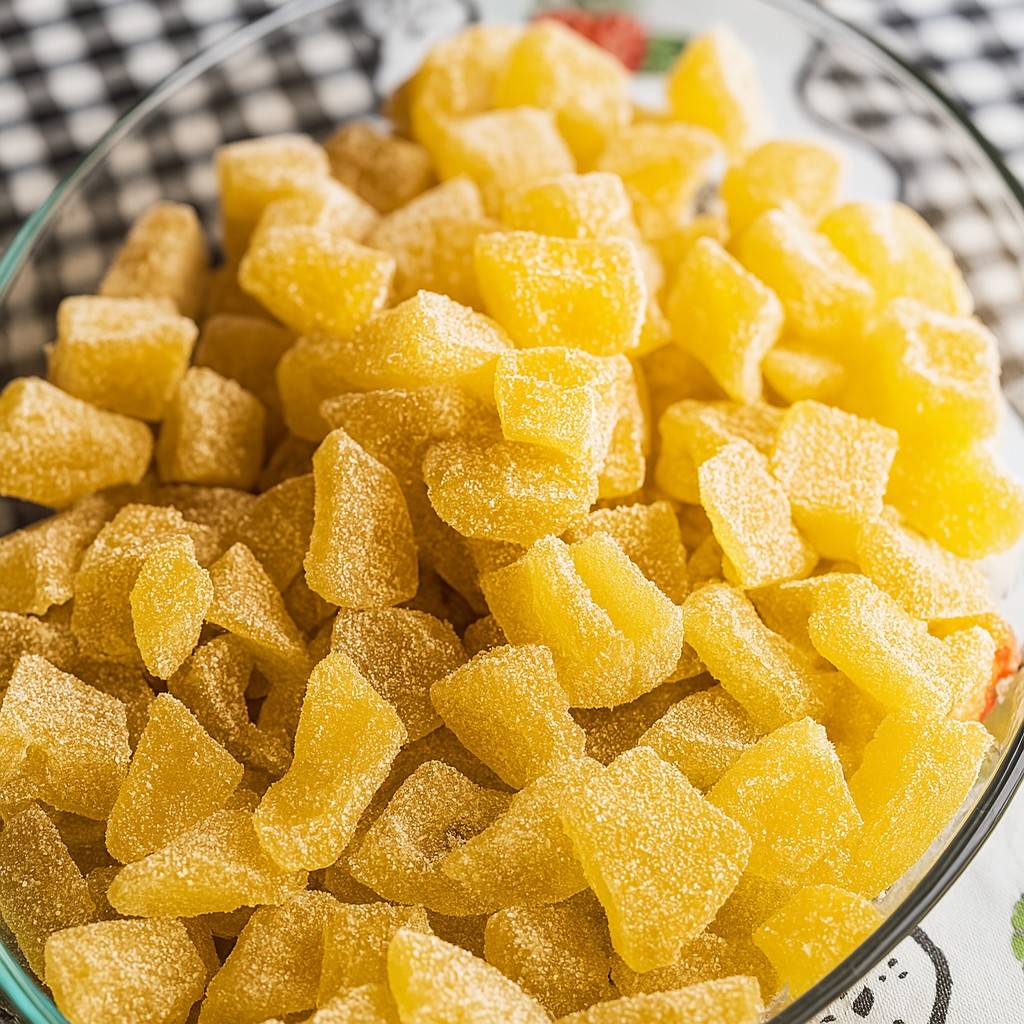 Doce de mamão cristalizado caseiro em pedaços polvilhados com açúcar