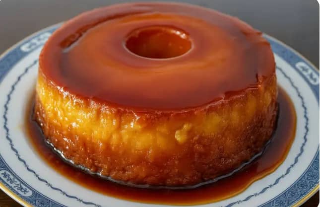 Pudim Coroa de Rainha com calda caramelizada dourada servido em forma de anel
