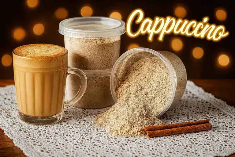 Mistura de cappuccino caseiro em pote e xícara com leite cremoso e canela em pó