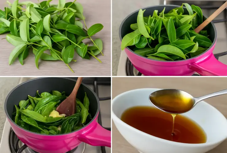 Preparo de xarope de guaco caseiro com folhas frescas em panela, resultando em um xarope dourado natural.