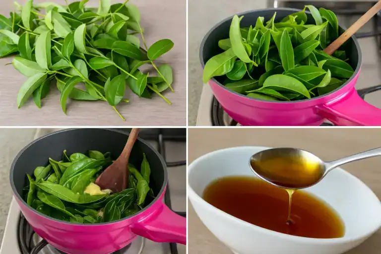 Preparo de xarope de guaco caseiro com folhas frescas em panela, resultando em um xarope dourado natural.