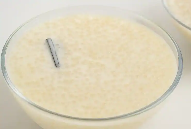 Tigela de vidro com sagu de leite cremoso, sobremesa caseira feita com leite, sagu, leite condensado e canela.