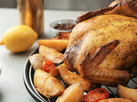 grilled,beer,can,chicken,with,vegetables,,closeup