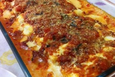 canelone recheado de queijo e presunto com molho branco e de tomates