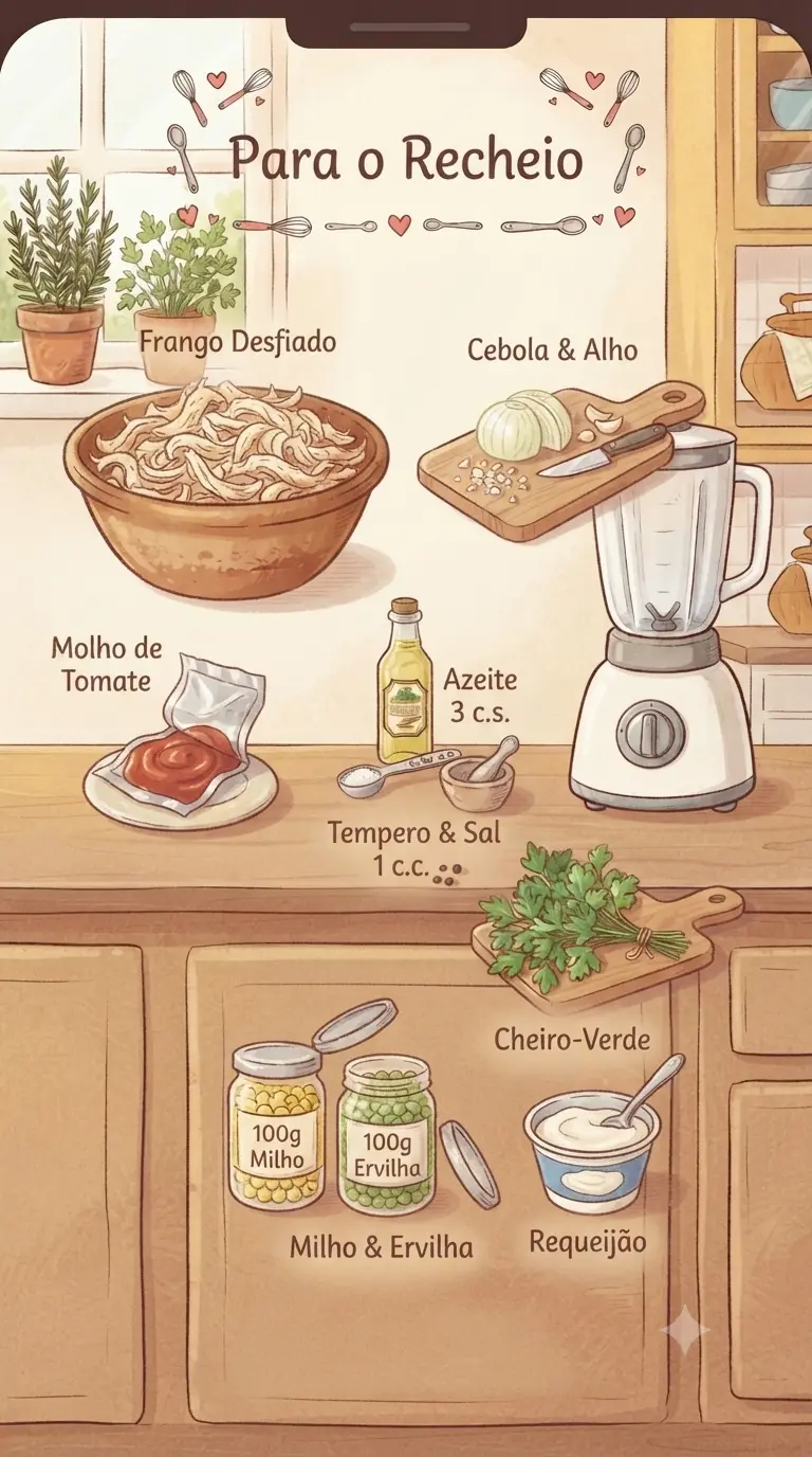 Ingredientes do recheio da receita de torta de frango cremosa de liquidificador