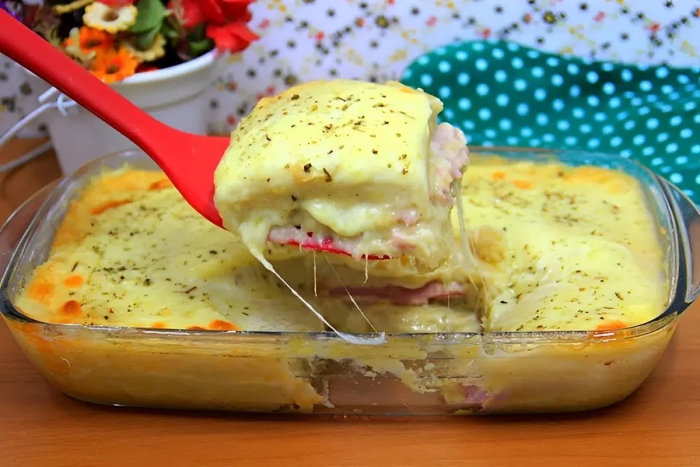 torta de batata cremosa com presunto e queijo