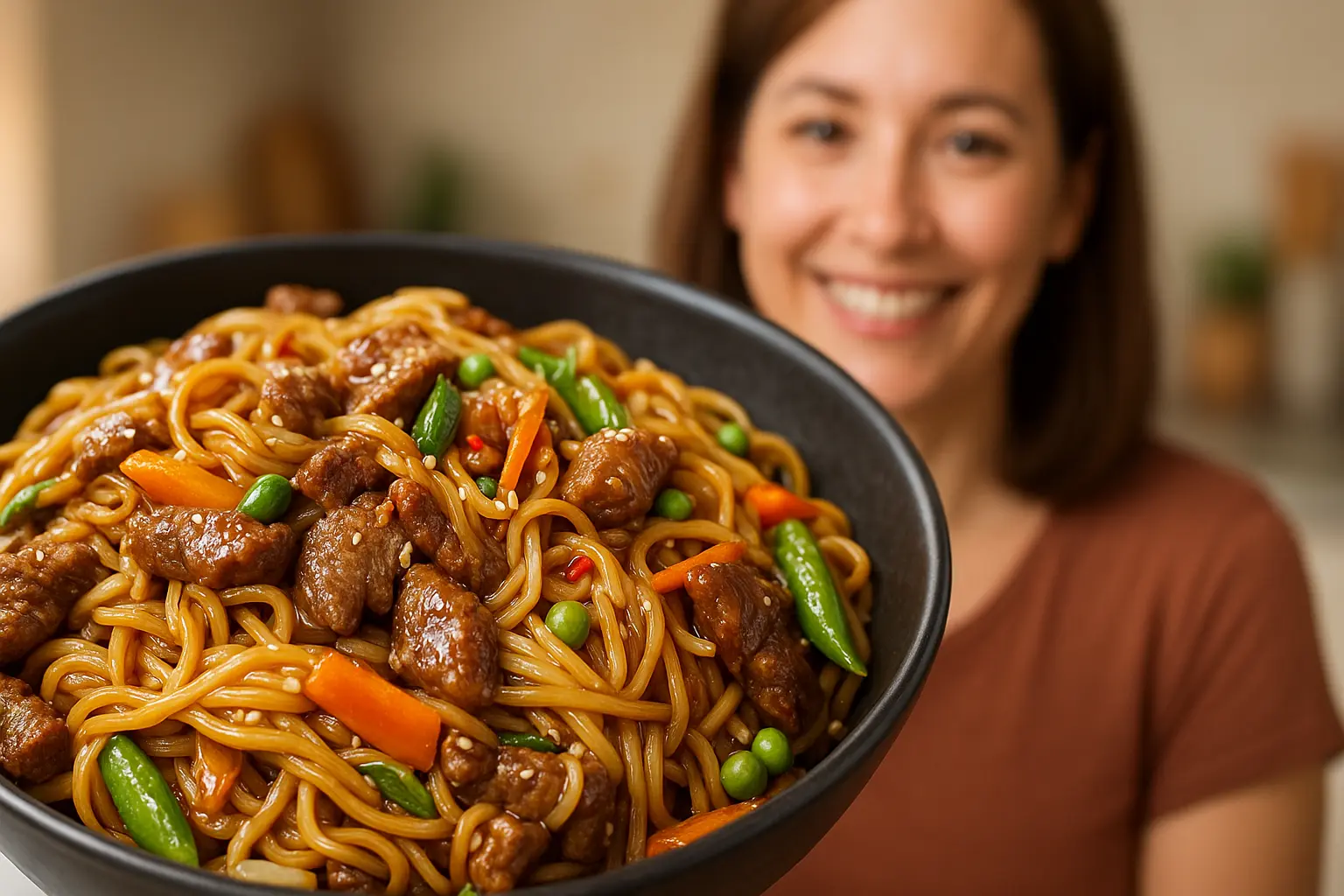 Yakissoba caseiro com legumes e carne servido no prato