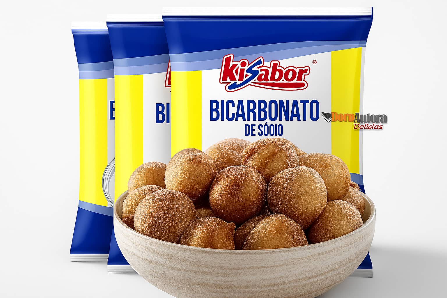 Bolinho de chuva feito com bicarbonato de sódio Kisabor em destaque