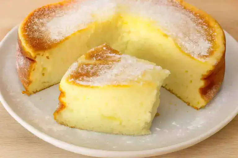 Bolo de queijo cottage cremoso e fofinho polvilhado com açúcar