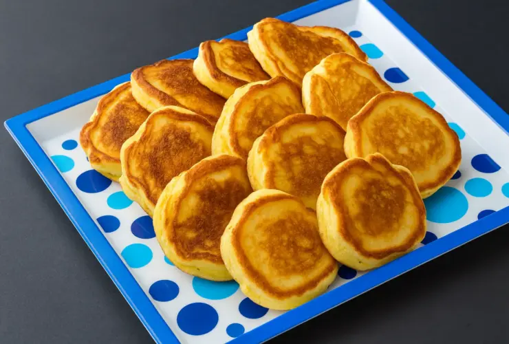 Massinha leve mata-fome dourada servida em bandeja azul, receita fácil e rápida para o lanche da tarde