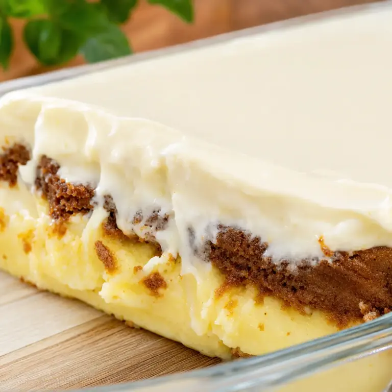 Imagem de uma sobremesa Beijo Gelado servida em travessa de vidro, exibindo três camadas bem definidas: base macia dourada, recheio cremoso de chocolate e cobertura branca suave. A porção retirada revela a textura cremosa e o contraste entre as camadas, reforçando o visual irresistível dessa sobremesa gelada perfeita para dias quentes.