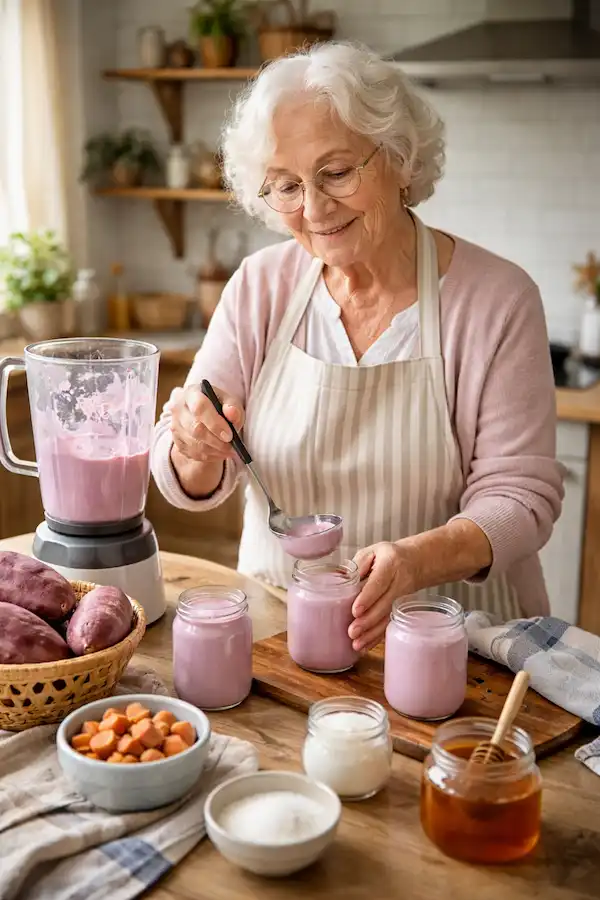 senhora idosa preparando iogurte caseiro de batata-doce na cozinha