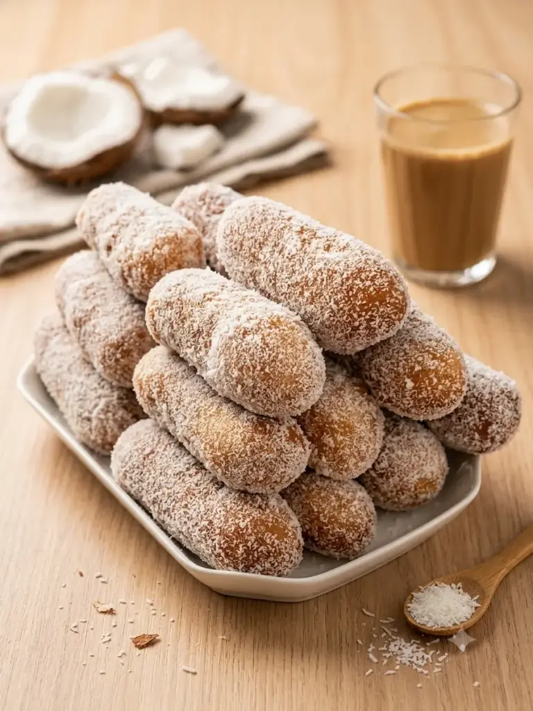 deliciosos charutos fritos com cobertura de coco e açúcar