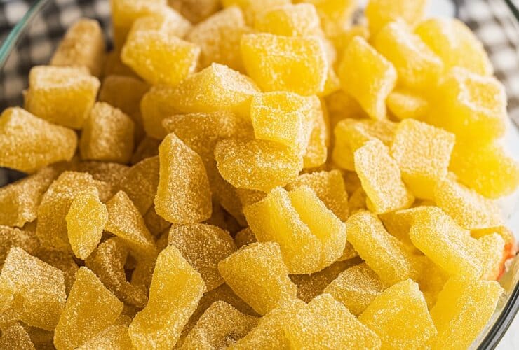 Doce de mamão cristalizado caseiro em pedaços polvilhados com açúcar