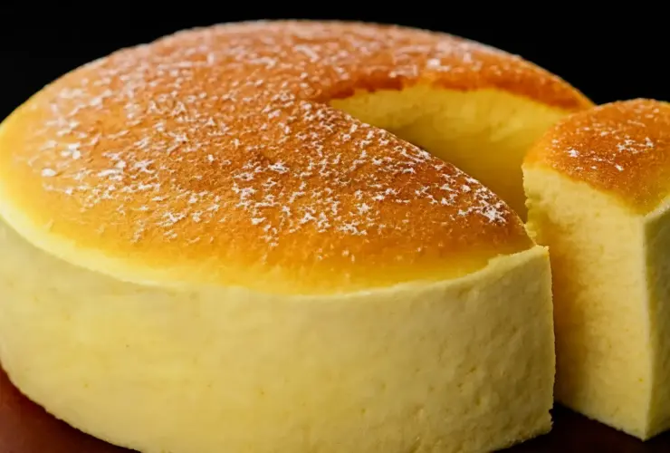 Bolo nuvem japonês fofinho, com cobertura dourada e textura leve, servido com fatia cortada