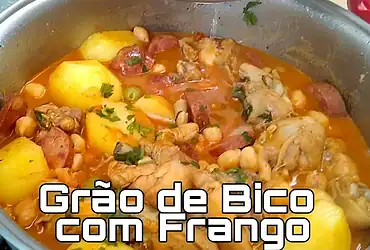 Frango com grão de bico na panela ja viu