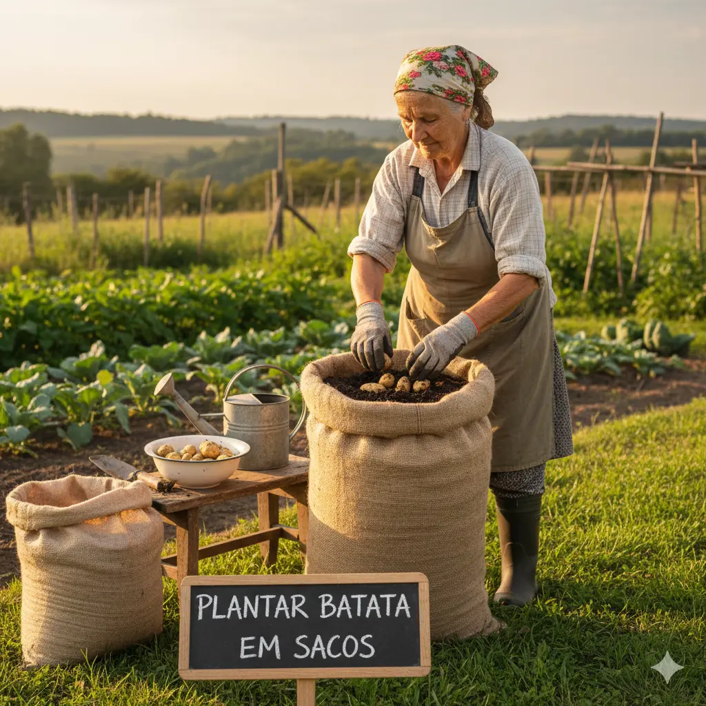 Plantar batata em sacos