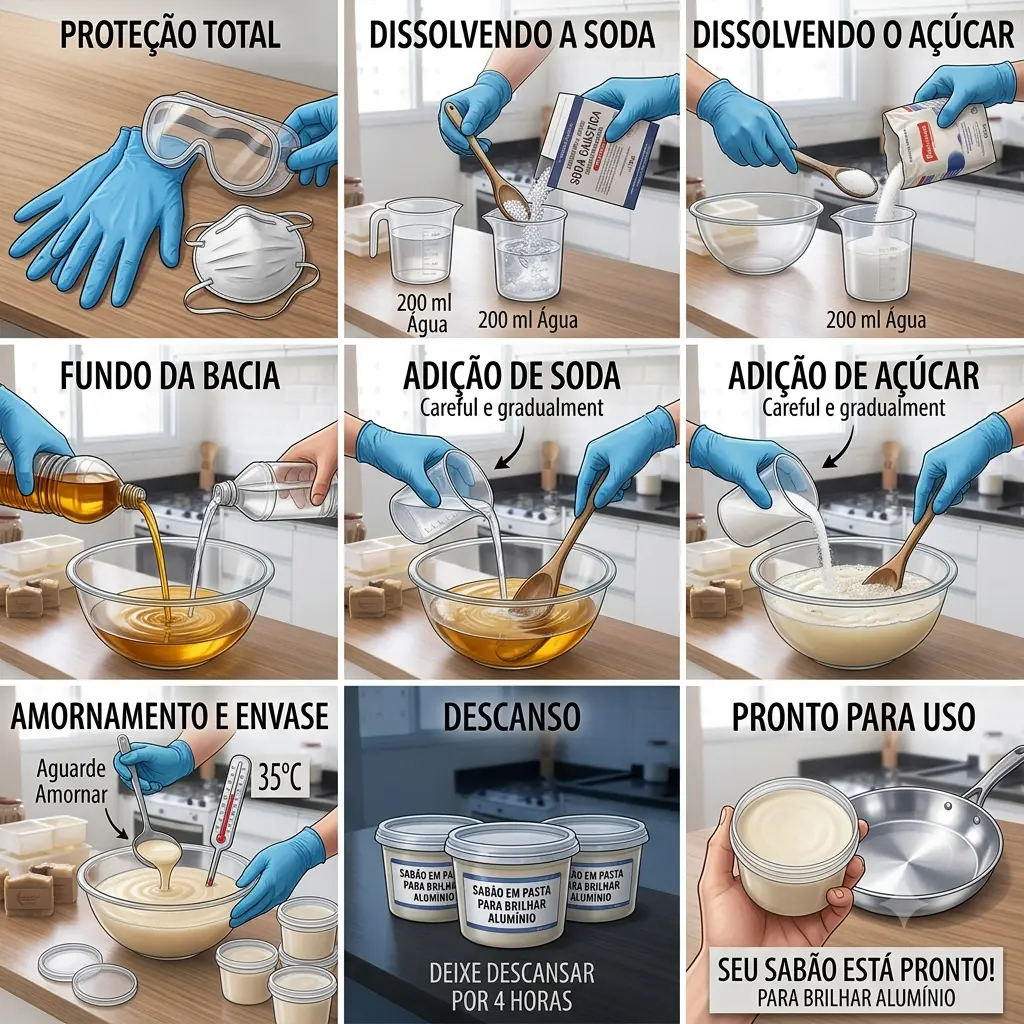 Preparação inicial:
Coloque luvas, máscara e óculos de proteção.
Em um recipiente, dissolva a soda cáustica em 200 ml de água.
Em outro recipiente, dissolva o açúcar nos 200 ml de água restantes.
Mistura principal:
Em uma bacia grande, misture o óleo usado coado com o álcool líquido.
Adicione, aos poucos, a solução de soda e depois a solução de açúcar, mexendo sempre.
Finalização:
Aguarde a mistura amornar e despeje em formas ou potes plásticos.
Deixe descansar por cerca de 4 horas até endurecer.
Seu sabão em pasta para brilhar alumínio está pronto para uso.