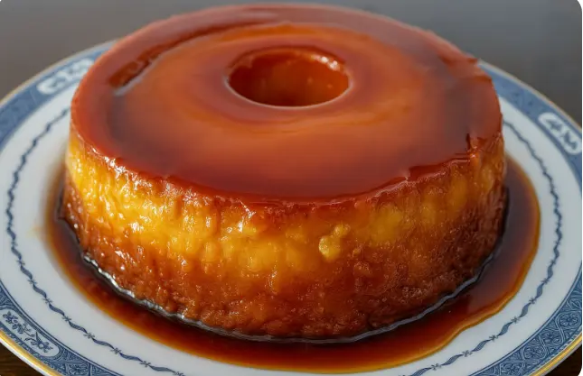 Pudim Coroa de Rainha com calda caramelizada dourada servido em forma de anel