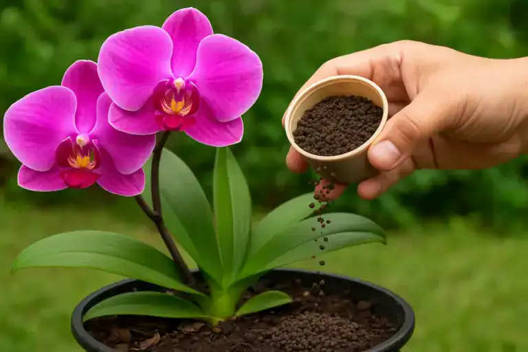 Adubo orgânico sendo aplicado em orquídea florida para flores mais saudáveis