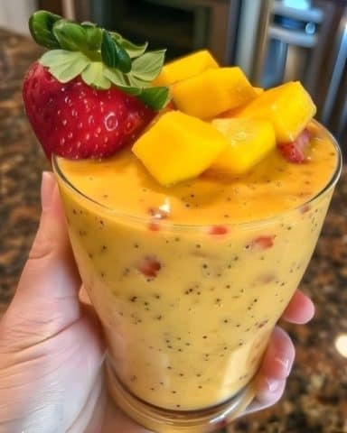 Batido cremoso de manga tropical com morango