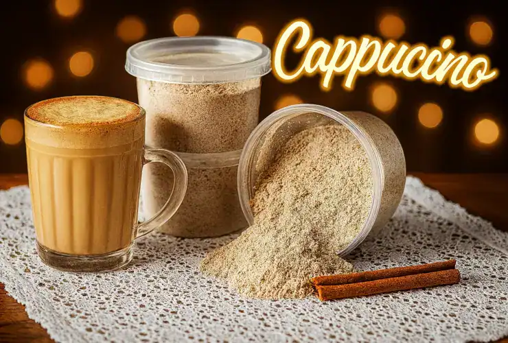 Mistura de cappuccino caseiro em pote e xícara com leite cremoso e canela em pó