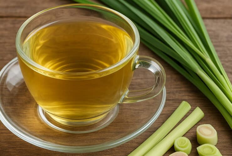 Xícara de chá de capim-limão (erva-cidreira) natural com folhas frescas sobre uma mesa de madeira