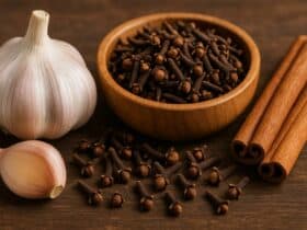 Alho, cravo e canela juntos sobre uma mesa de madeira – mistura natural com benefícios para a saúde