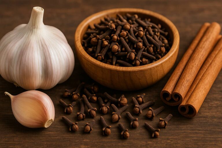 Alho, cravo e canela juntos sobre uma mesa de madeira – mistura natural com benefícios para a saúde