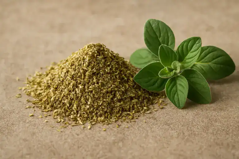 Orégano fresco e seco sobre a mesa, mostrando seus benefícios naturais para a saúde