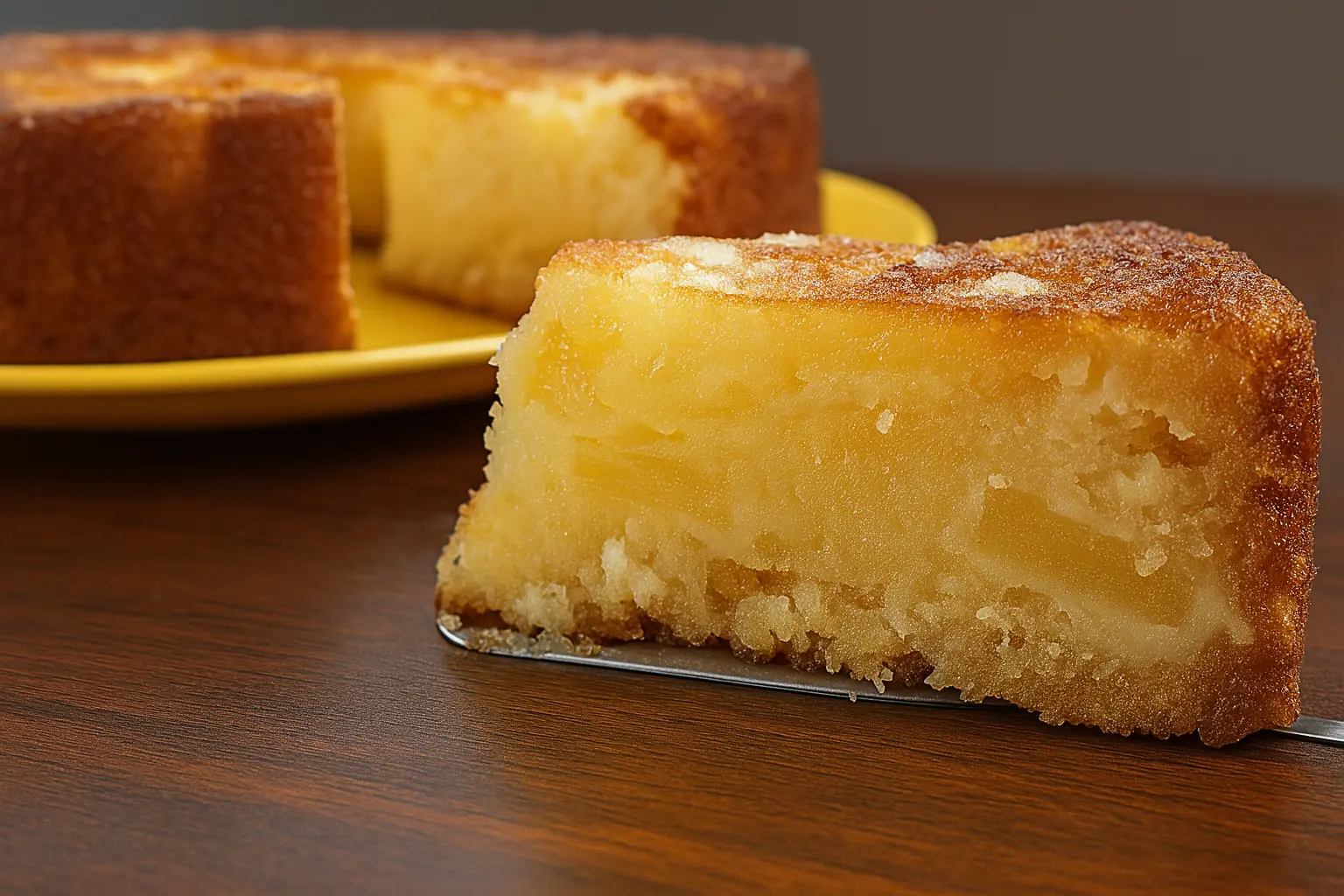 Fatia de bolo de ananás cremoso com massa úmida e pedaços de fruta