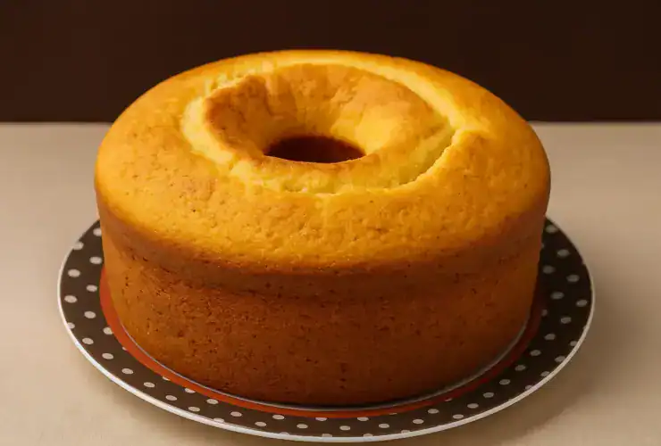 Bolo caseiro grande, fofinho e bem crescido, com textura dourada, ideal para o café da tarde