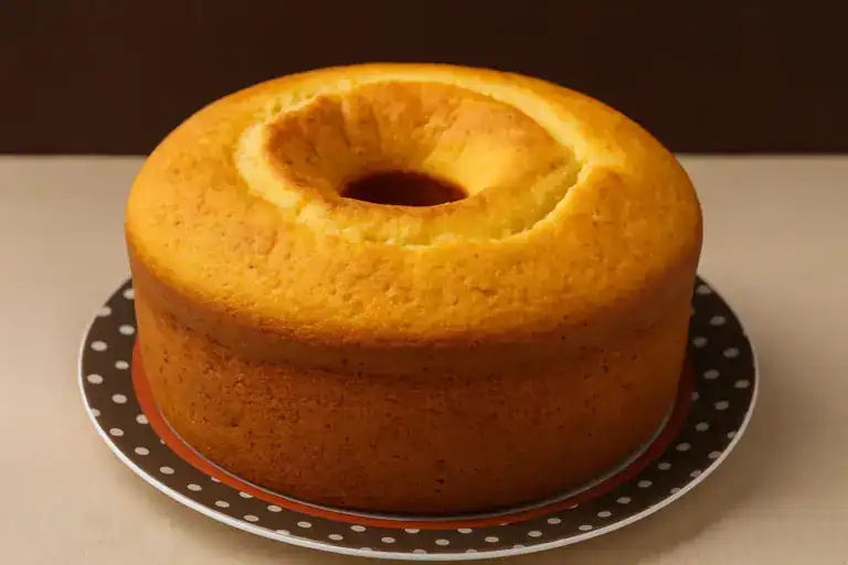 Bolo caseiro grande, fofinho e bem crescido, com textura dourada, ideal para o café da tarde