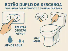 Botão duplo da descarga com ilustração de como usar e economizar água