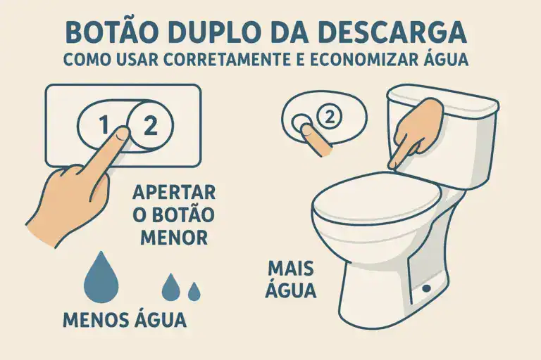 Botão duplo da descarga com ilustração de como usar e economizar água