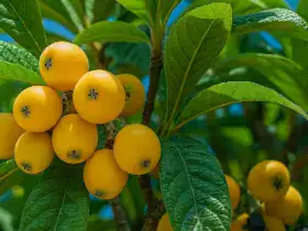 Frutos e folhas do pé de nêspero ao sol, ideais para chás naturais e remédios caseiros