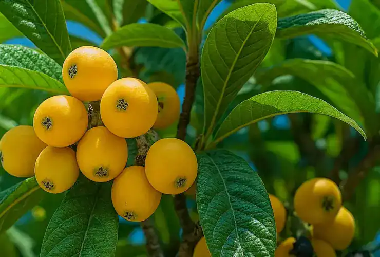 Frutos e folhas do pé de nêspero ao sol, ideais para chás naturais e remédios caseiros