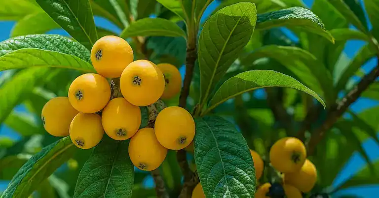 Frutos e folhas do pé de nêspero ao sol, ideais para chás naturais e remédios caseiros