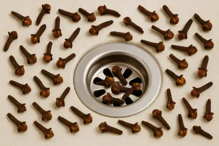 Cravo-da-índia sendo jogado no ralo da pia para perfumar, combater germes e afastar insetos naturalmente