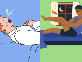 Homem com cãibra e mulher suando durante o sono, mostrando sintomas noturnos de diabetes