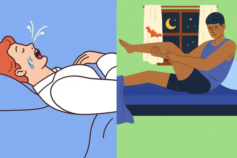 Homem com cãibra e mulher suando durante o sono, mostrando sintomas noturnos de diabetes
