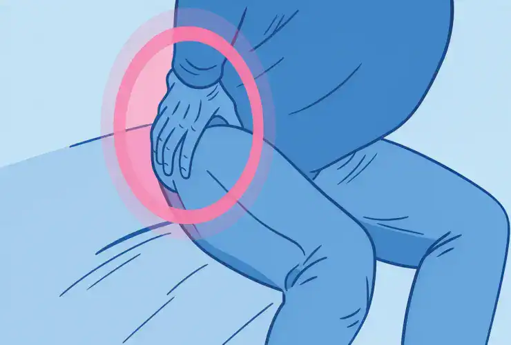 Ilustração de uma pessoa sentada com dor no quadril, com destaque em vermelho na região dolorida.