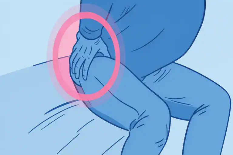 Ilustração de uma pessoa sentada com dor no quadril, com destaque em vermelho na região dolorida.