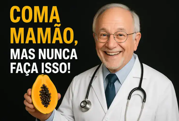 Mamão verde cortado ao meio, indicando risco para a saúde