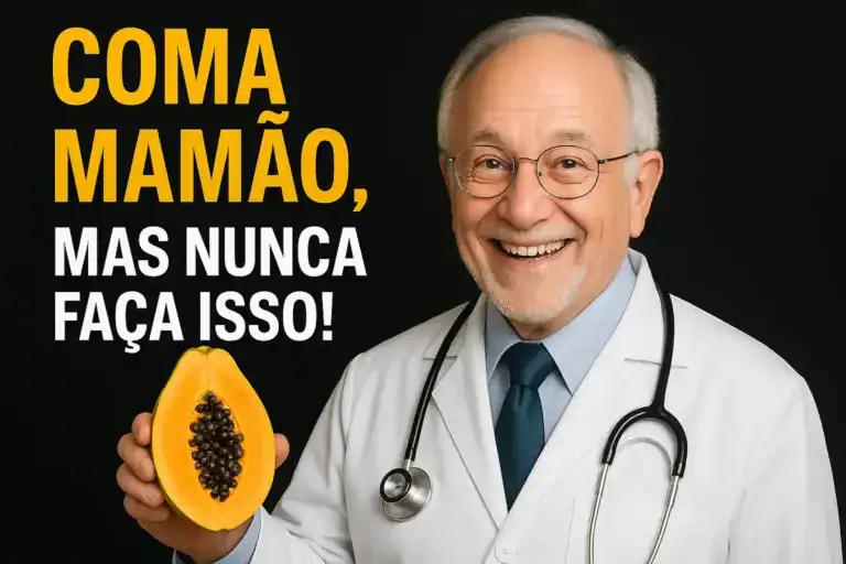 Mamão verde cortado ao meio, indicando risco para a saúde