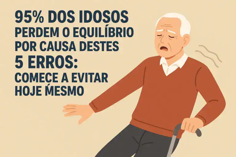 Ilustração de um idoso perdendo o equilíbrio com a frase "95% dos idosos perdem o equilíbrio por causa destes 5 erros: comece a evitar hoje mesmo
