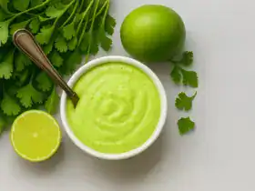 Molho verde de alho cremoso servido em tigela branca com limão e cheiro-verde ao fundo
