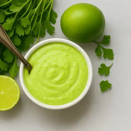 Molho verde de alho cremoso servido em tigela branca com limão e cheiro-verde ao fundo